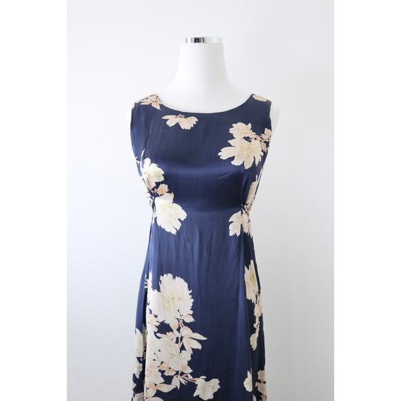 Shun Da Chinese 100% Silk Floral Printed Midi Dress Navy Blue Cream - Picture 2 of 12